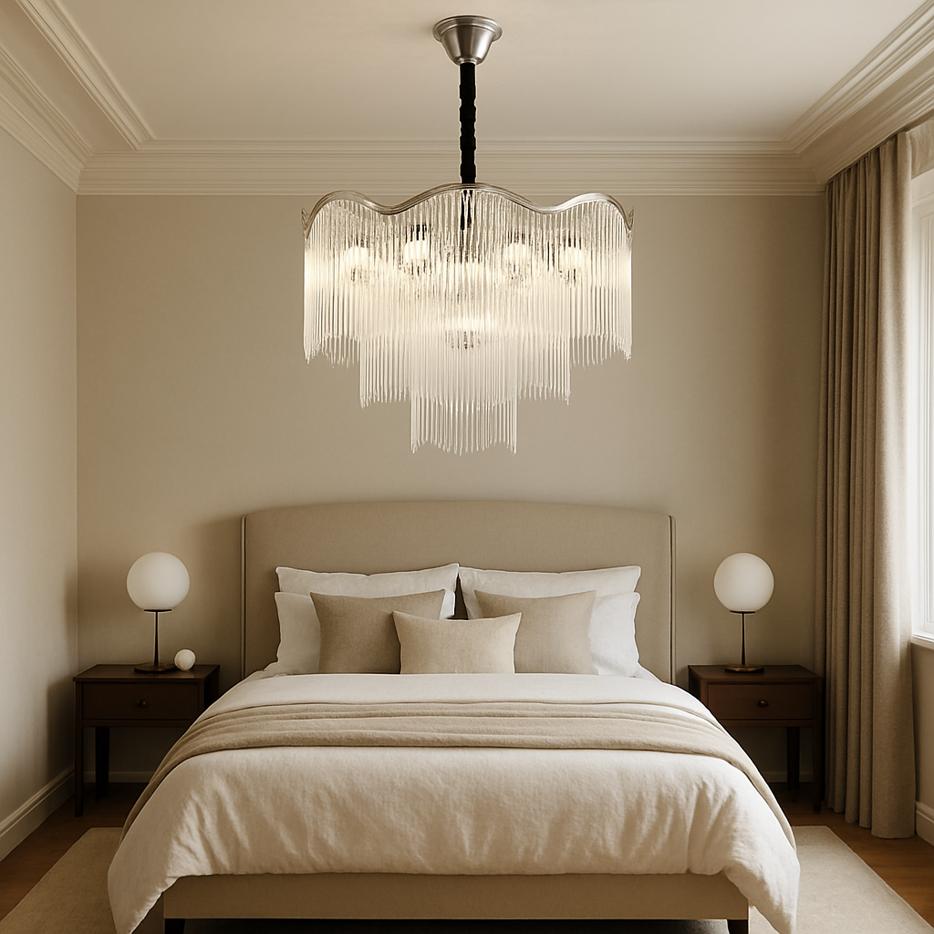 Candelabru rotund crom Ø600 mm cu 10 becuri E14, lumina calda si echilibrata pentru dormitor elegant