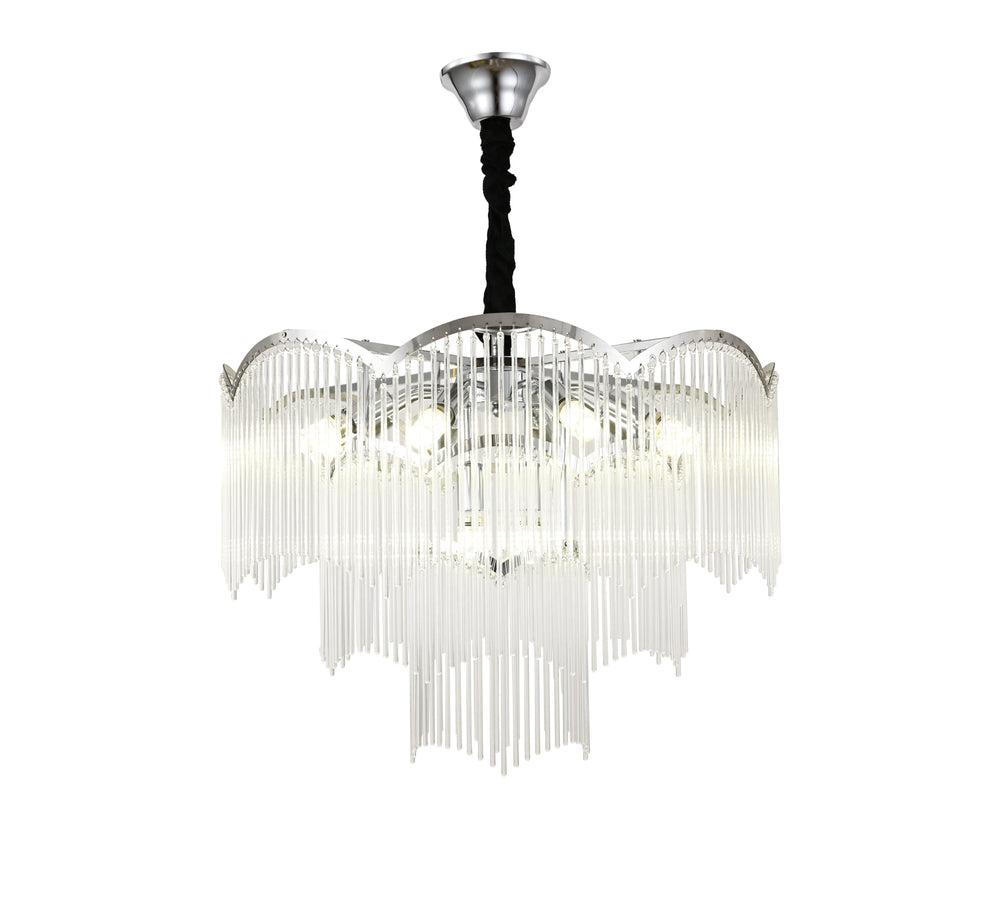 Candelabru rotund crom Ø600 mm cu 10 becuri E14, lumina calda si echilibrata pentru dormitor elegant