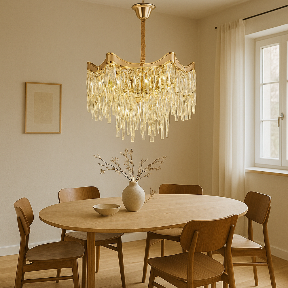 Candelabru rotund auriu 5520/400FG deasupra mesei dreptunghiulare din dining, iluminare calda cu 5 becuri E27, stil elegant fara telecomanda