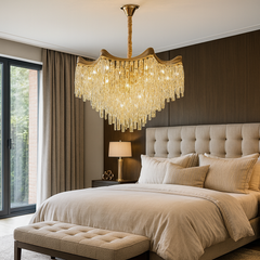 Candelabru rotund auriu 5520/600FG cu elemente transparente in dormitor elegant, iluminare calda cu 10 becuri E27, montaj aplicat