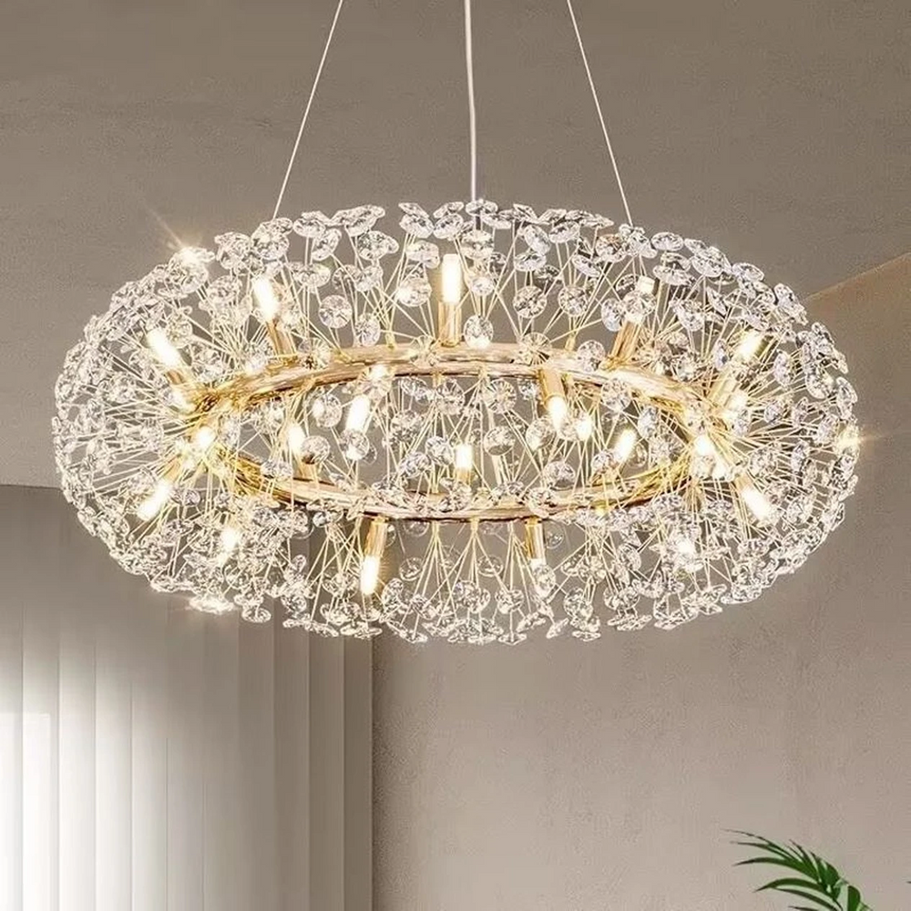Candelabru rotund auriu Ø600 mm cu 12 becuri G9, lumina calda decorativa pentru dormitor spatios modern.