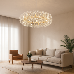 Candelabru suspendat rotund auriu Ø600 mm cu 12 becuri G9, iluminare calda ambientala in living modern elegant.