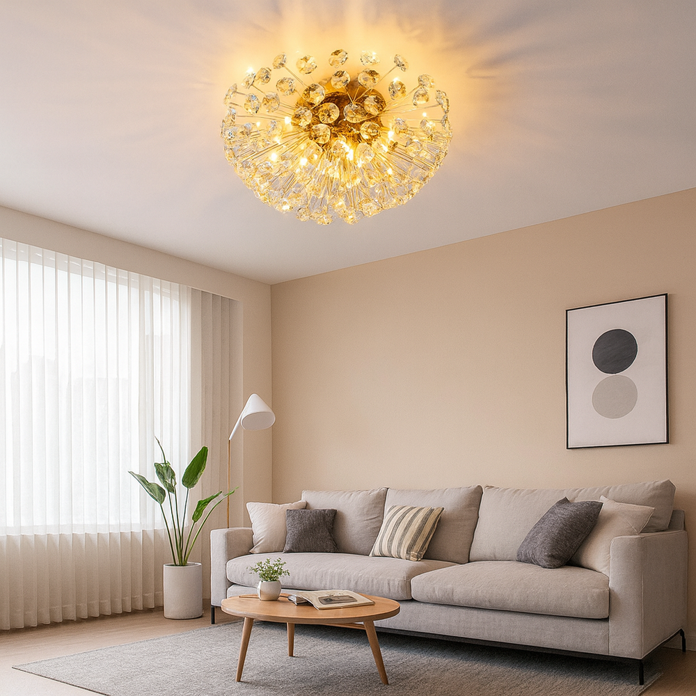 Lustra tavan rotunda aurie Ø400 mm cu 4 becuri G9, iluminare calda uniforma in living modern elegant.