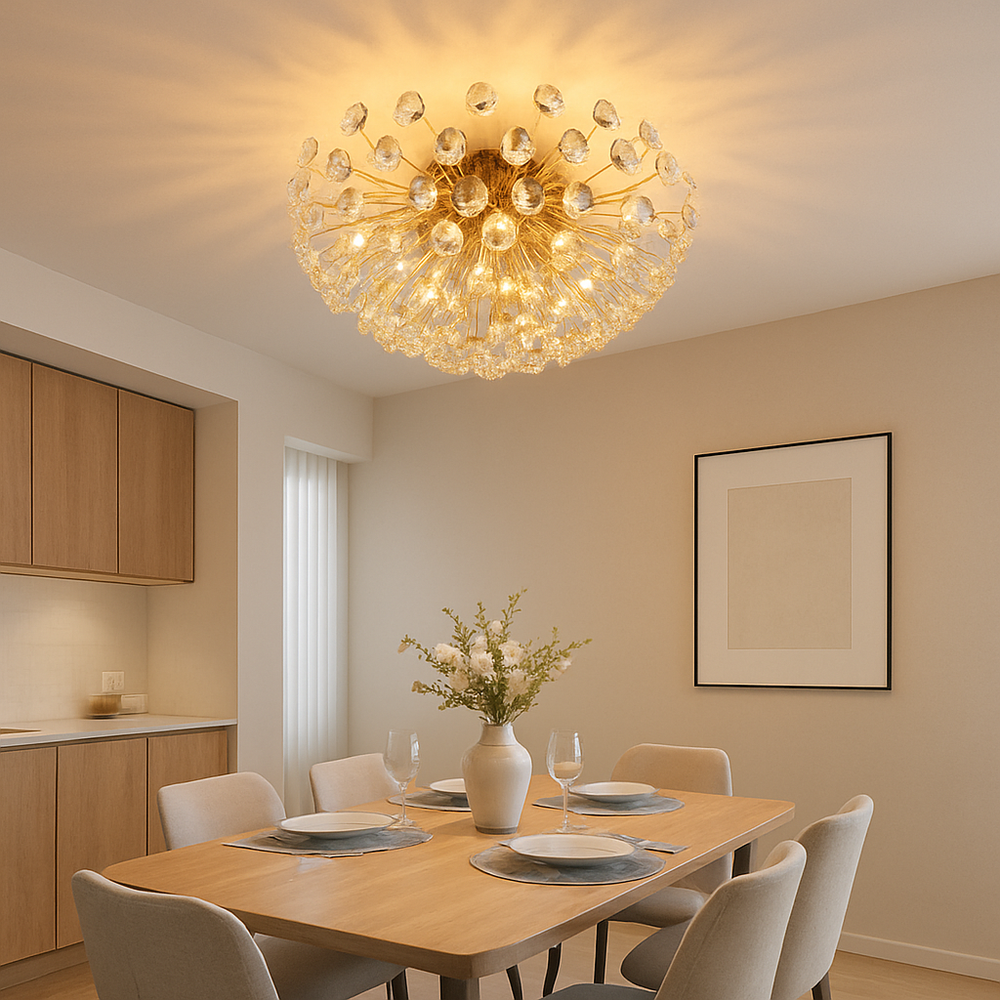 Lustra tavan rotunda aurie Ø400 mm cu 4 becuri G9, iluminare uniforma deasupra mesei din dining.