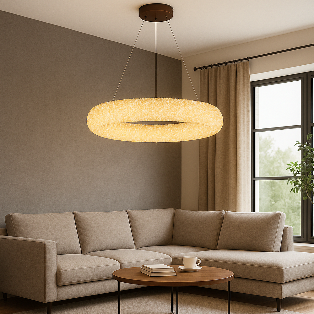 Candelabru LED rotund auriu Ø500 mm cu cristale si telecomanda, lumina ambientala premium in living modern.
