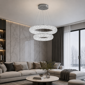 Candelabru LED doua cercuri cristal argintiu 60 si 40 centimetri, model cu telecomanda, 5558-600-400CR