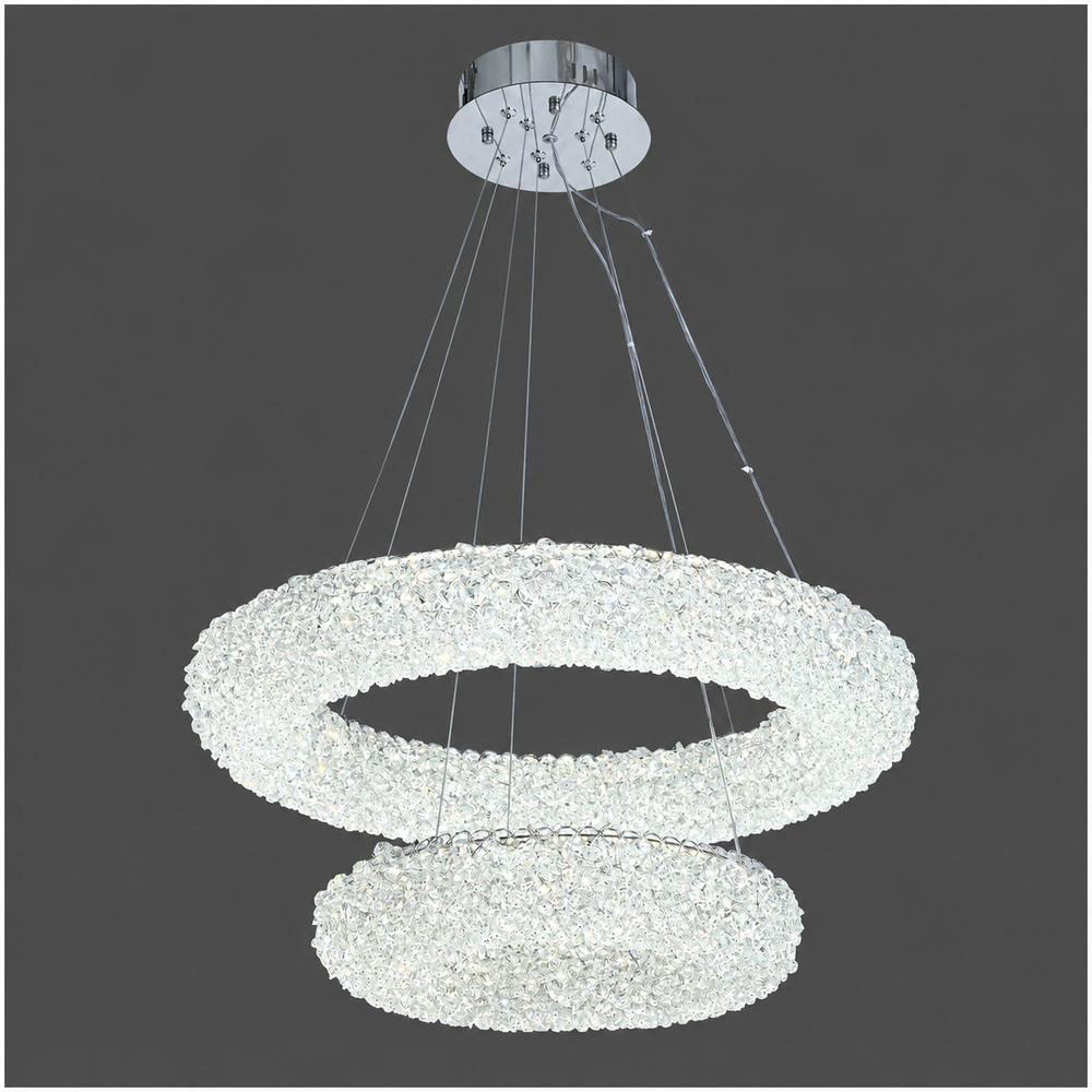 Candelabru LED 5558-600+400CR cu doua cercuri concentrice argintiu, lustra suspendata moderna din cristal, imagine produs PNG cu fundal alb
