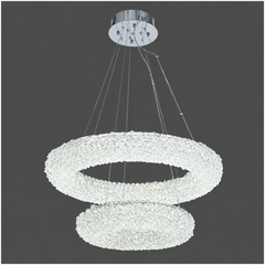 Candelabru LED 5558-600+400CR cu doua cercuri concentrice argintiu, lustra suspendata moderna din cristal, imagine produs PNG cu fundal alb