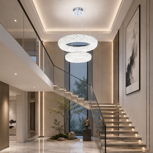 Candelabru LED doua cercuri cristal argintiu 60 si 40 centimetri, model 5558-600-400CR