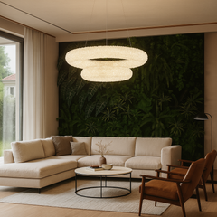 Pendul LED dublu rotund auriu Ø600+Ø400 cu telecomanda, lumina ajustabila ambientala in living modern.