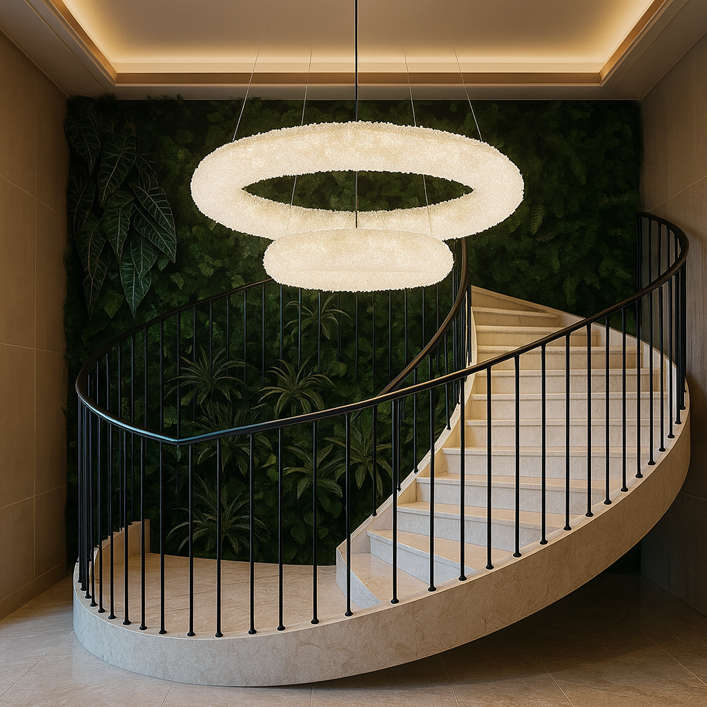 Pendul LED dublu rotund auriu Ø600+Ø400 cu telecomanda, iluminare calda pe casa scarii elegante.