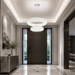 Lustra LED suspendata 5558-600+400CR din cristal pentru hol de intrare modern, doua cercuri concentrice, finisaj argintiu