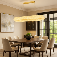 Pendul LED dreptunghiular auriu 300×850 mm cu telecomanda, iluminare uniforma deasupra mesei din dining.