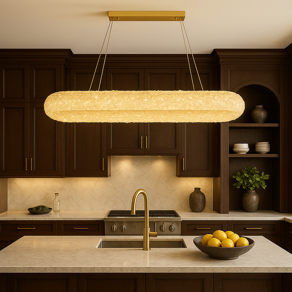 Pendul LED dreptunghiular auriu 300×850 mm cu telecomanda, iluminare uniforma deasupra mesei din dining.