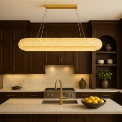 Pendul LED dreptunghiular auriu 300×850 mm cu telecomanda, iluminare uniforma deasupra mesei din dining.