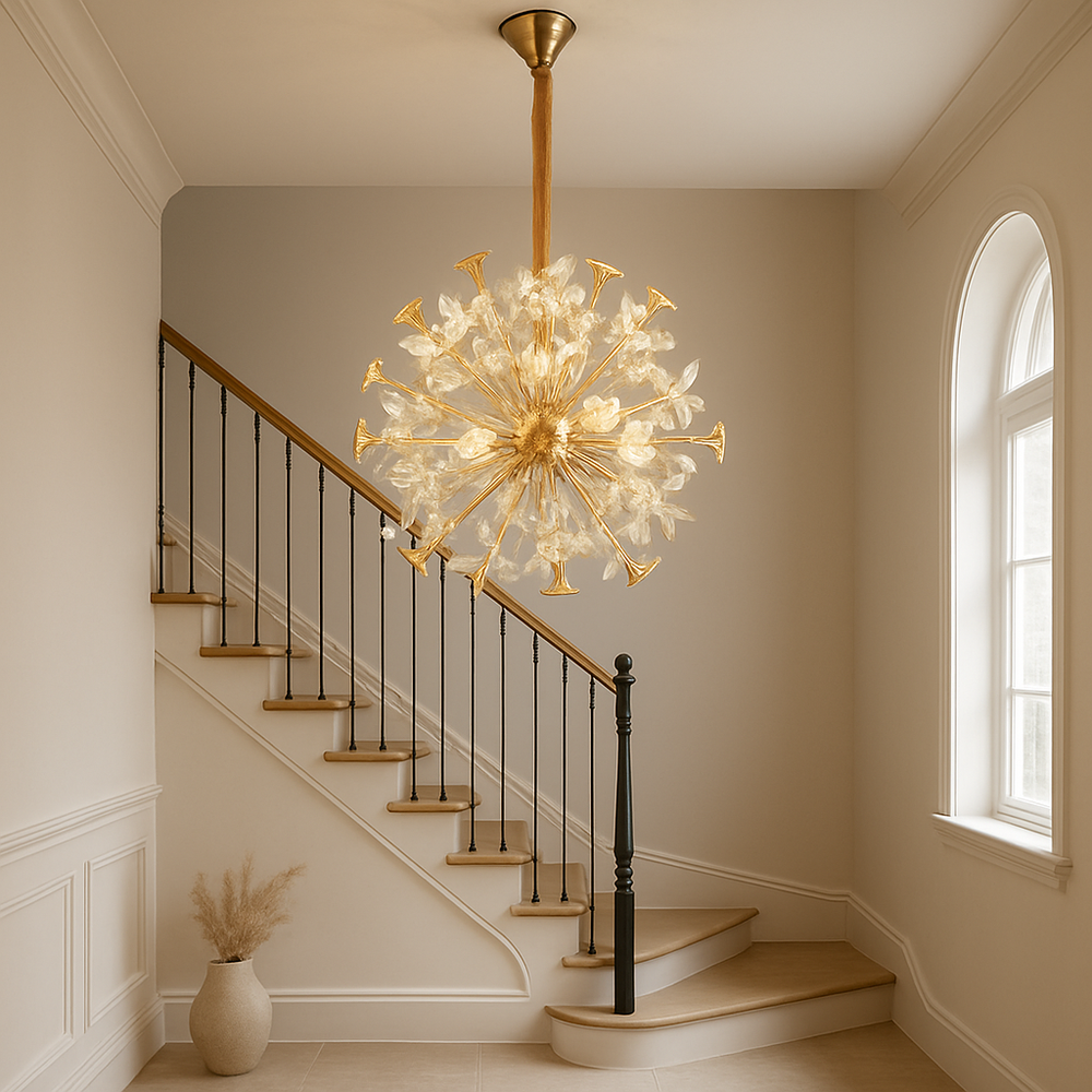 Candelabru rotund auriu cu cristale in casa scarii, 18 becuri G4, efect vizual impresionant, Ø500 mm