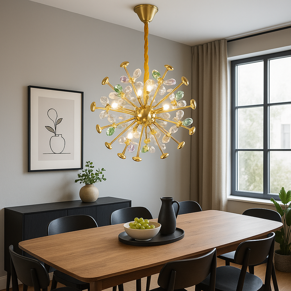 Candelabru rotund auriu cu cristale colorate in dining glam, 24 surse G4, joc spectaculos de lumini, Ø500 mm