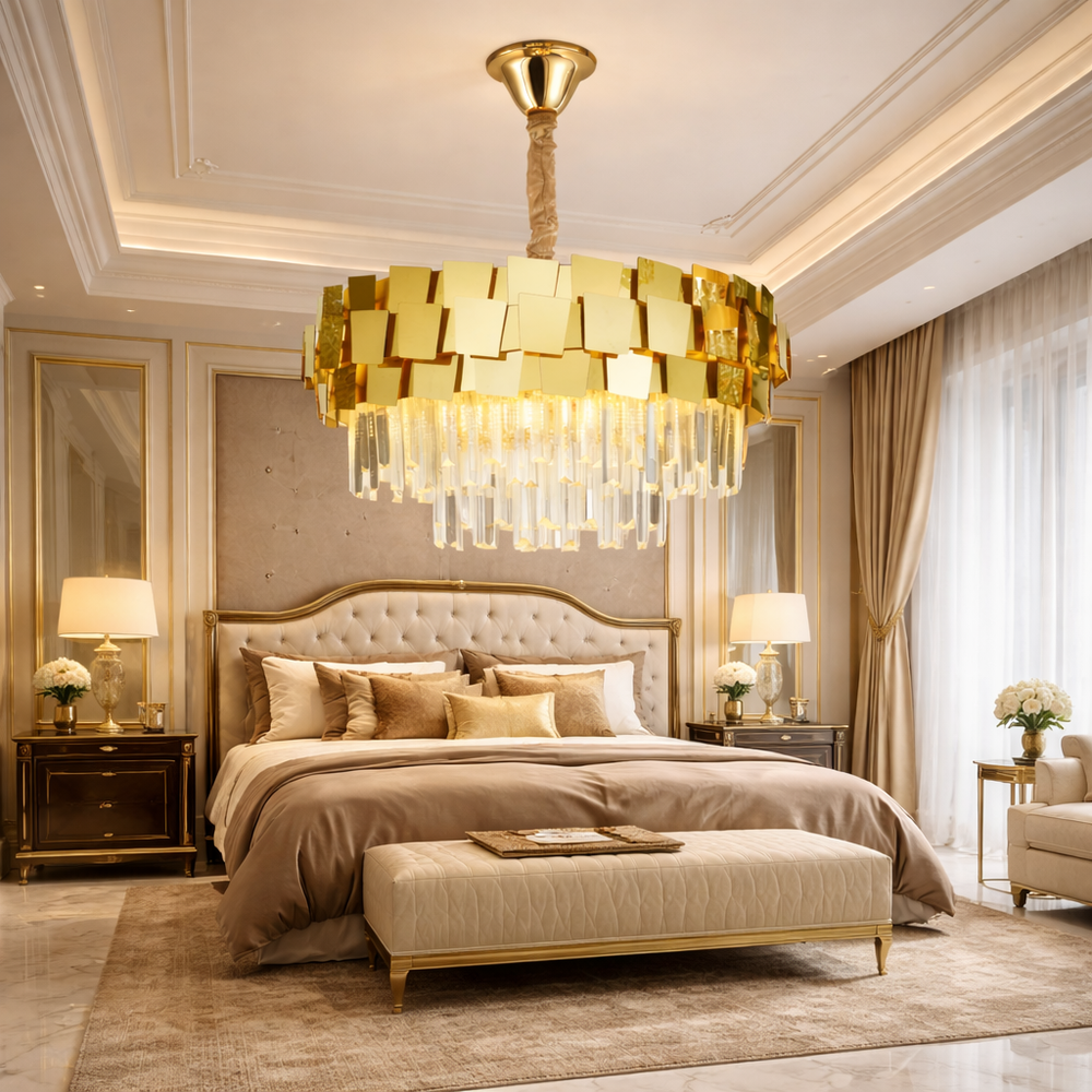 Candelabru rotund auriu cu cristale Ø600 mm in dormitor rafinat, iluminat E27, design elegant fara telecomanda