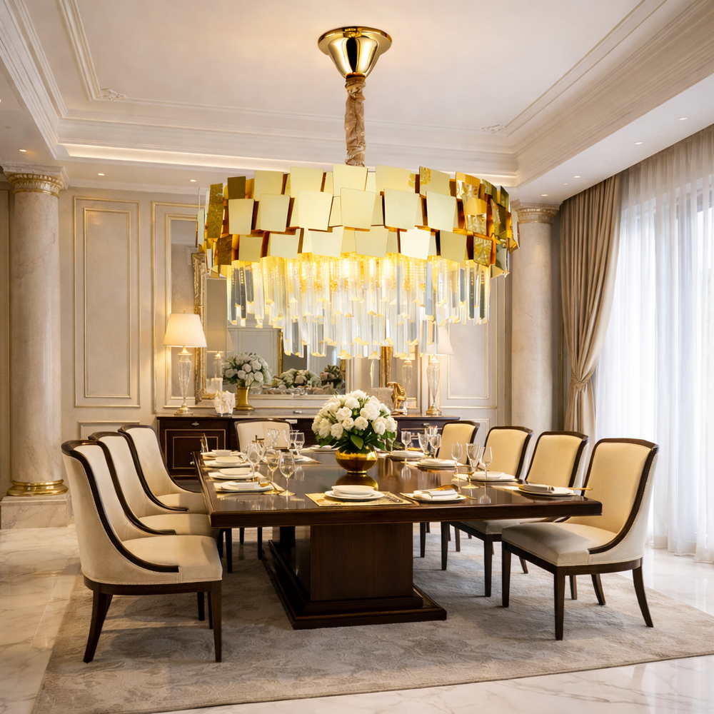 Candelabru rotund auriu cu cristale Ø600 mm deasupra mesei in dining, iluminat E27 puternic, design luxos fara telecomanda