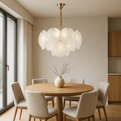 Candelabru auriu cu frunze din sticla, Ø40 cm, 5 E27, iluminare eleganta pentru zona de dining, design modern si rafinat, model 5867-400 TB.