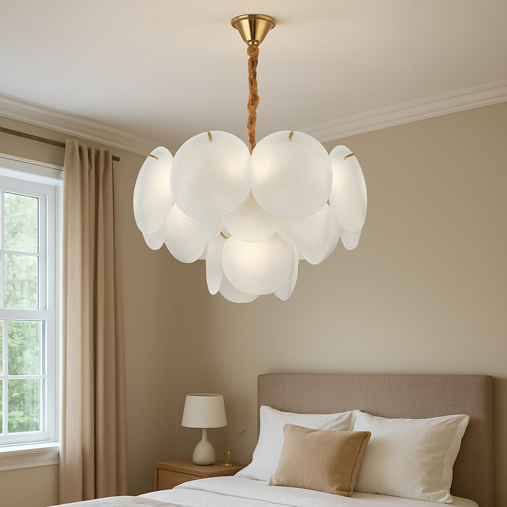 Candelabru auriu Ø40 cm cu frunze din sticla si 5 E27, lumina uniforma pentru dormitor modern, stil decorativ premium, model 5867-400 TB.