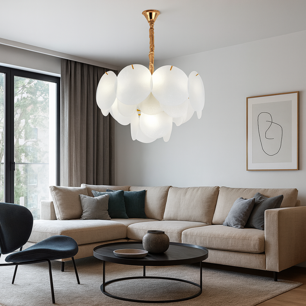 Candelabru auriu cu frunze din sticla, Ø40 cm, 5 E27, iluminare calda pentru living modern, accent decorativ elegant, model 5867-400 TB.