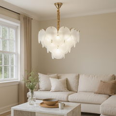 Candelabru modern auriu cu frunze din sticla mata, Ø50 cm, 8 E27, iluminare ampla pentru living spatios, design decorativ elegant, model 5867-500 TB.