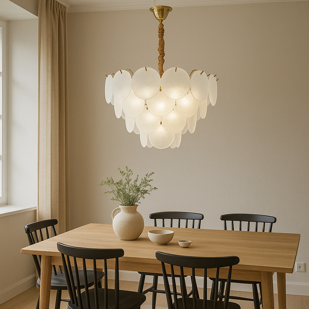 Candelabru modern auriu cu frunze din sticla mata, Ø50 cm, 8 E27, iluminare ampla pentru dining modern si rafinat, accent decorativ premium, model 5867-500 TB.