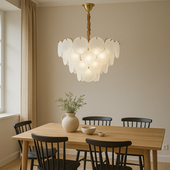 Candelabru modern auriu cu frunze din sticla mata, Ø50 cm, 8 E27, iluminare ampla pentru dining modern si rafinat, accent decorativ premium, model 5867-500 TB.