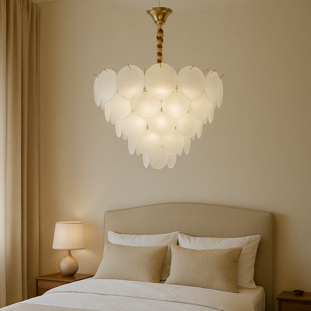 Candelabru modern auriu Ø50 cm cu frunze din sticla mata si 8 E27, lumina uniforma pentru dormitor elegant, stil premium si decorativ, model 5867-500 TB.