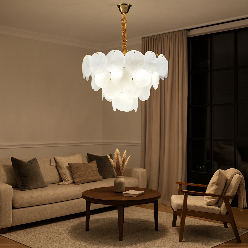 Candelabru modern auriu cu frunze din sticla mata, Ø50 cm, 8 E27, iluminare ampla pentru living spatios, design decorativ elegant, model 5867-500 TB.