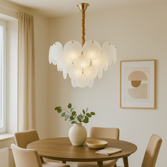 Candelabru modern auriu cu sticla mata, Ø60 cm, 10 E27, iluminare eleganta pentru dining mare, efect vizual premium si modern, model 5867-600 TB.