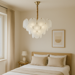 Candelabru modern auriu Ø60 cm cu sticla mata si 10 E27, lumina uniforma pentru dormitor spatios, stil premium si decorativ, model 5867-600 TB.