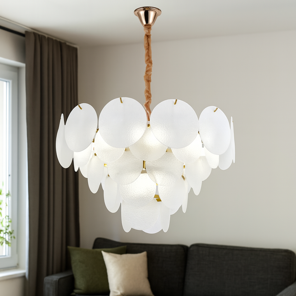 Candelabru modern auriu cu sticla mata, Ø60 cm, 10 E27, iluminare ampla pentru living mare, design decorativ elegant si premium, model 5867-600 TB.