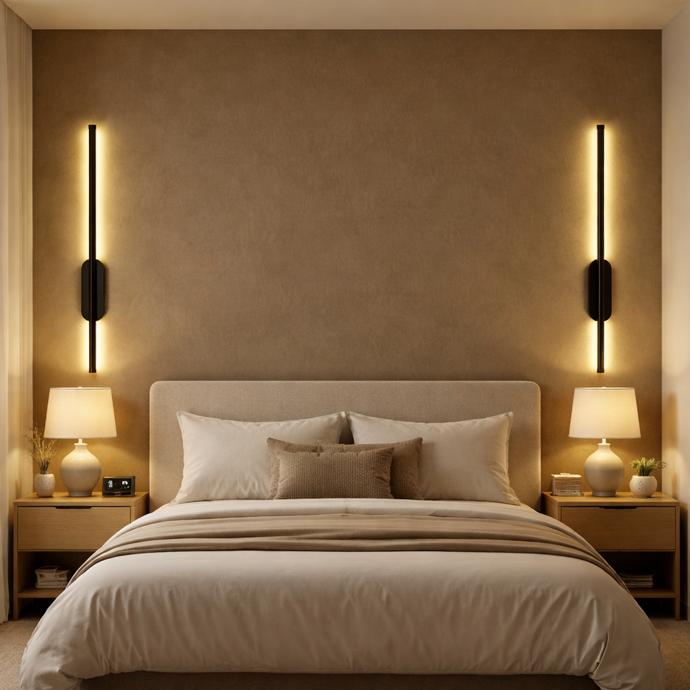 Aplica LED LUBAN 600 neagra design liniar 16W folosita ca iluminare ambientala in dormitor