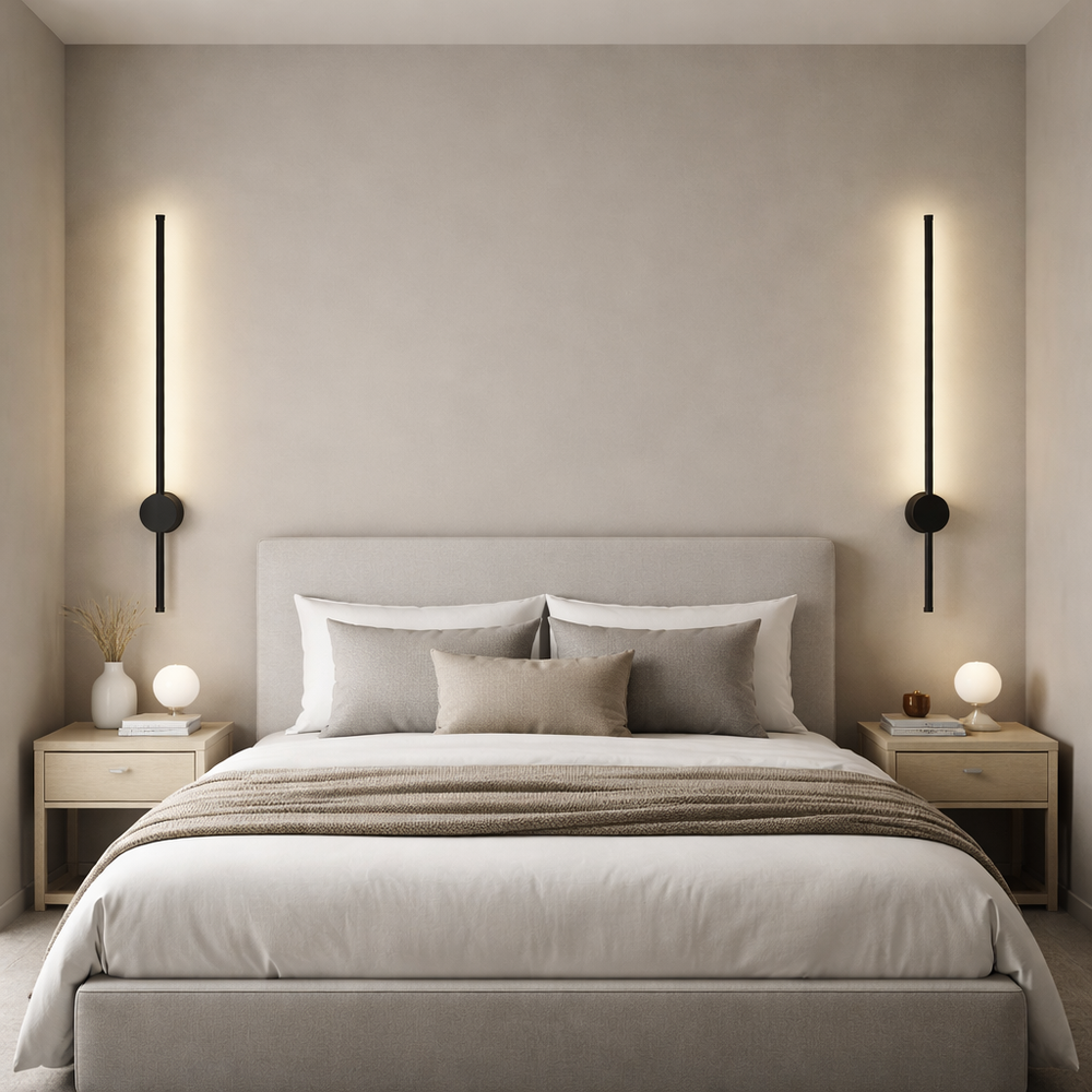 Aplica LED LUBAN Pro 600 neagra 20W iluminare precisa montata pe perete in dormitor modern