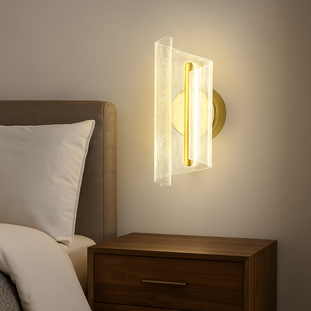Aplica LED moderna aurie cu panou din sticla decorativa si lumina 3000–6500K, perfecta pentru dormitor modern cu atmosfera calda, model 59336.
