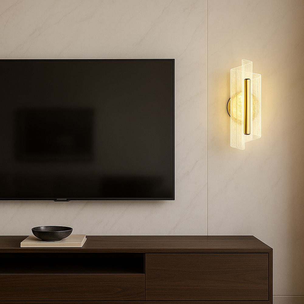 Aplica LED moderna aurie cu sticla texturata si lumina reglabila 3000–6500K, ideala pentru living contemporan si pereti decorativi, model 59336.