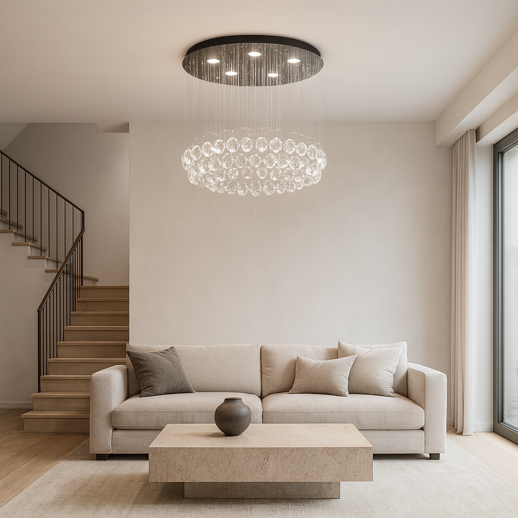 Candelabru LED 4000K cu cristale in casa scarii, 45W, lumina neutra puternica, accent decorativ elegant