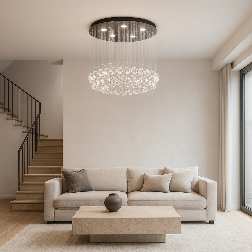 Candelabru LED 4000K cu cristale in casa scarii, 45W, lumina neutra puternica, accent decorativ elegant