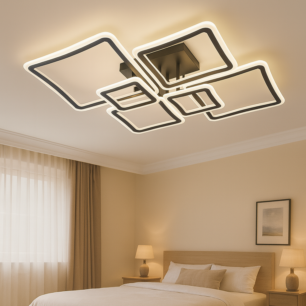 Lustra LED geometrica 168W cu lumina ajustabila 3000K-6500K si telecomanda, ideala pentru dormitoare moderne cu iluminare confortabila si uniforma