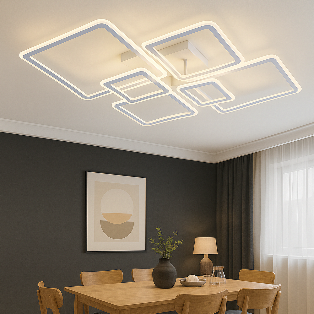 Lustra LED patrata 168W alba cu 6 module si lumina reglabila 3000K-6500K cu telecomanda, perfecta pentru un dining modern cu iluminare eleganta si versatila