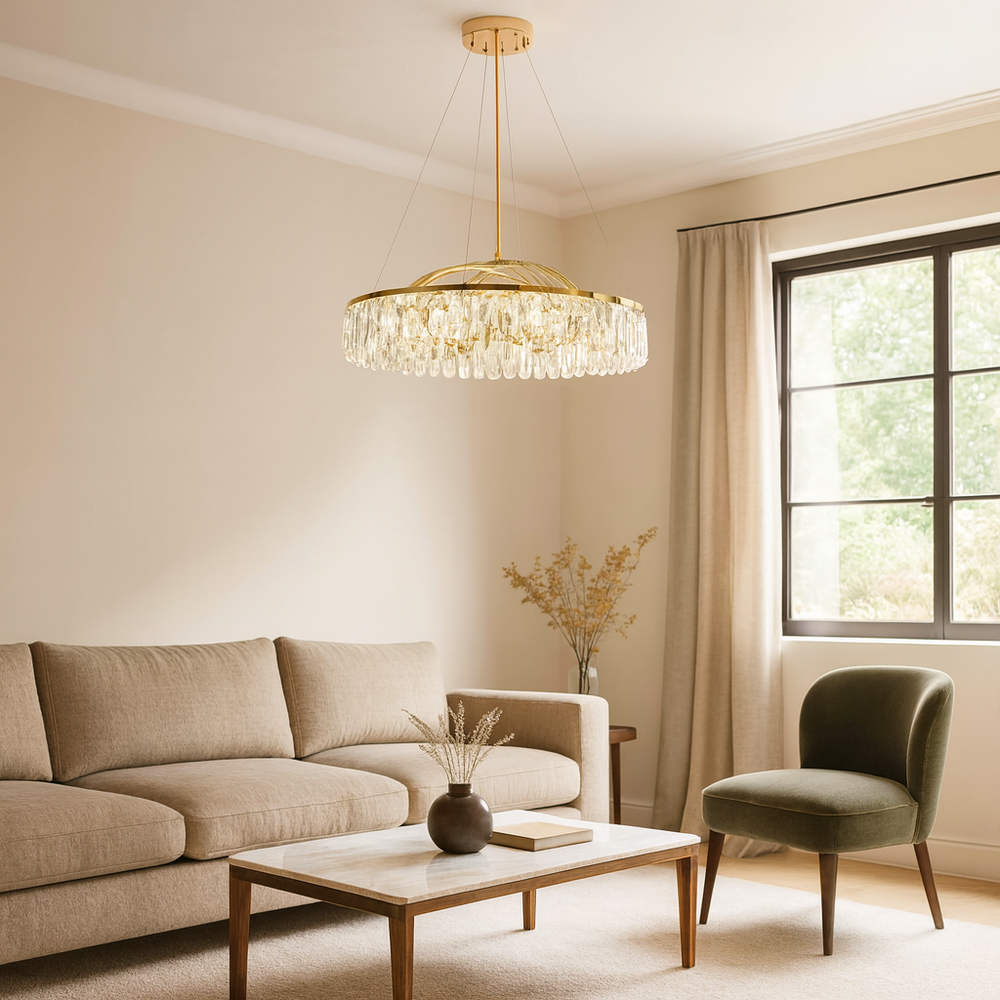 Candelabru rotund bronz cu cristale si LED integrat, iluminare eleganta pentru living modern, diametru 610 mm