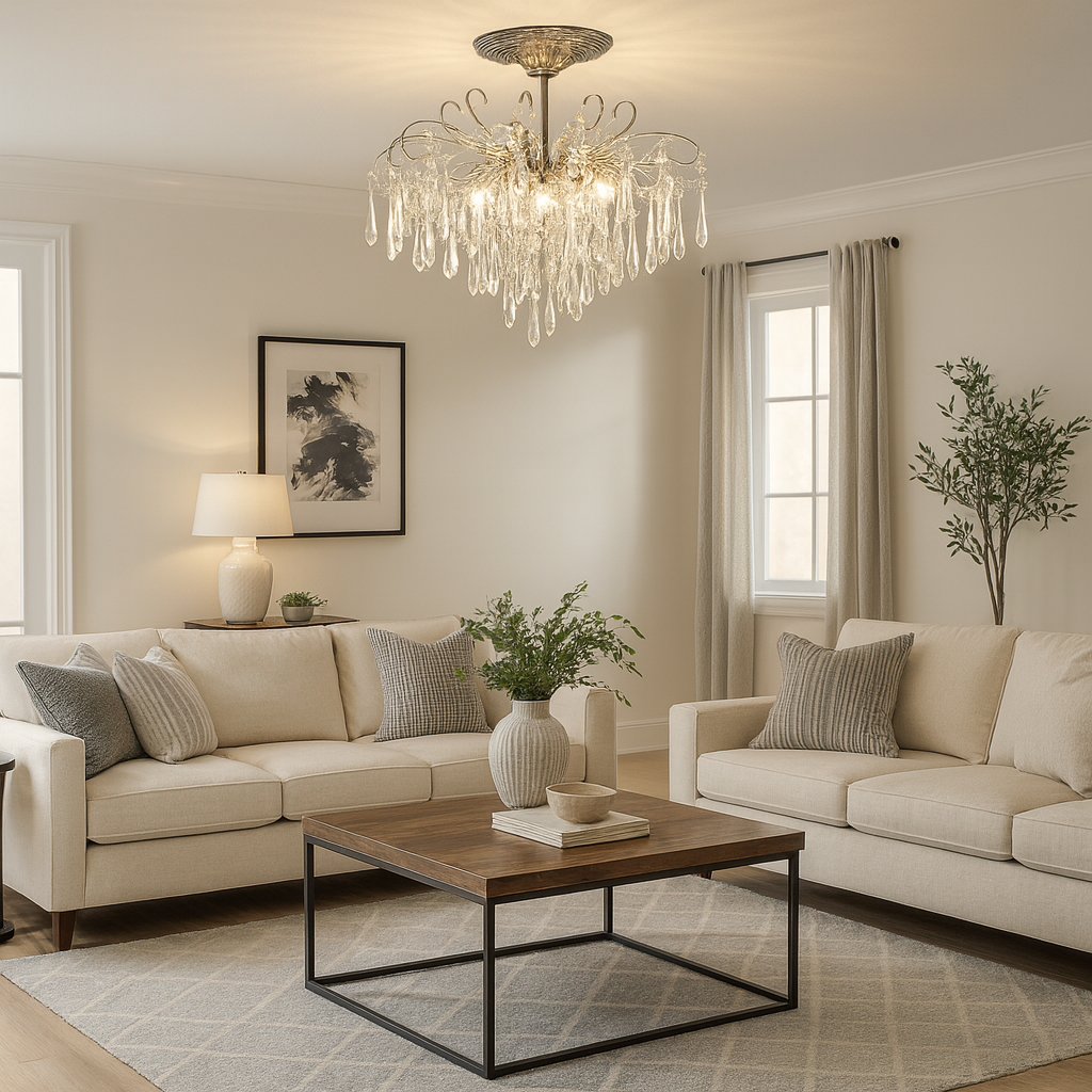 Candelabru rotund crom cu cristale K9, 5 becuri E27, iluminare eleganta centrala pentru living modern