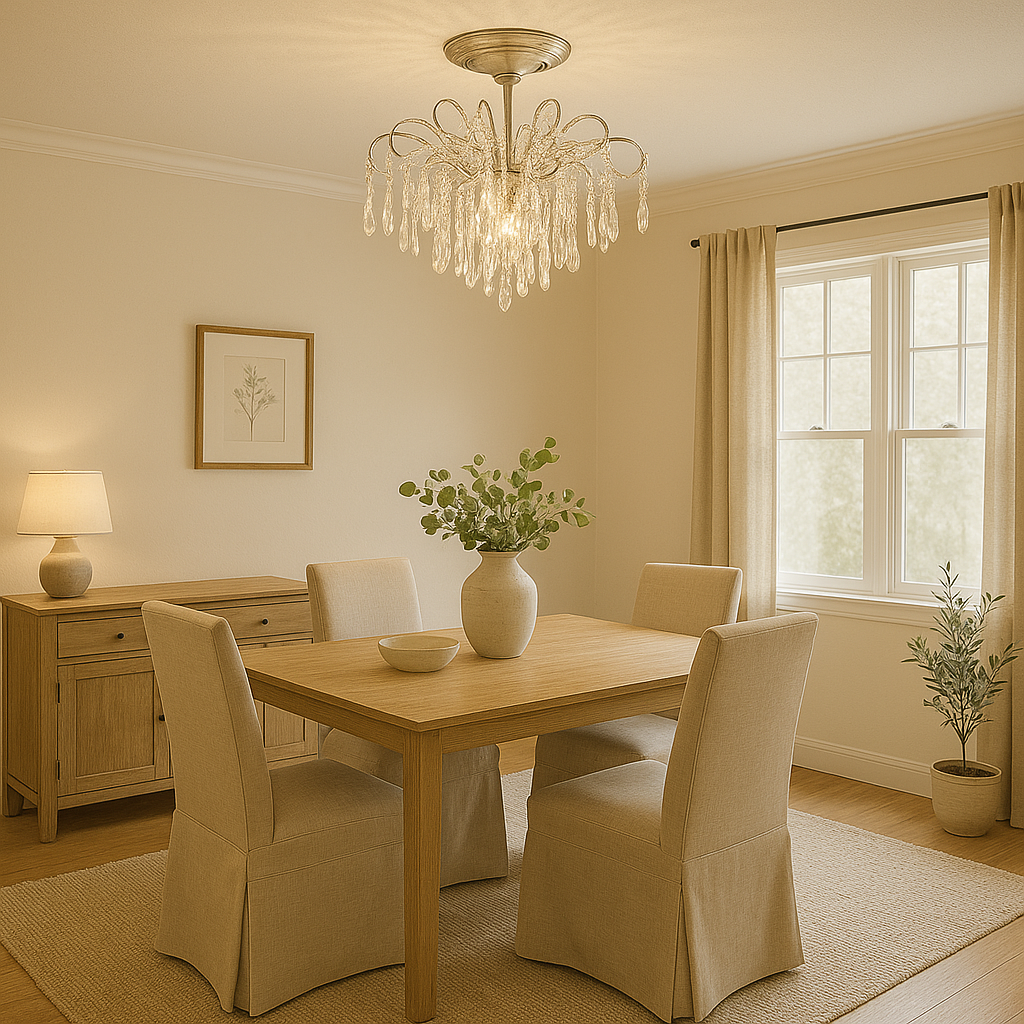 Candelabru rotund crom cu cristale K9, 5 becuri E27, iluminare spectaculoasa deasupra mesei din dining