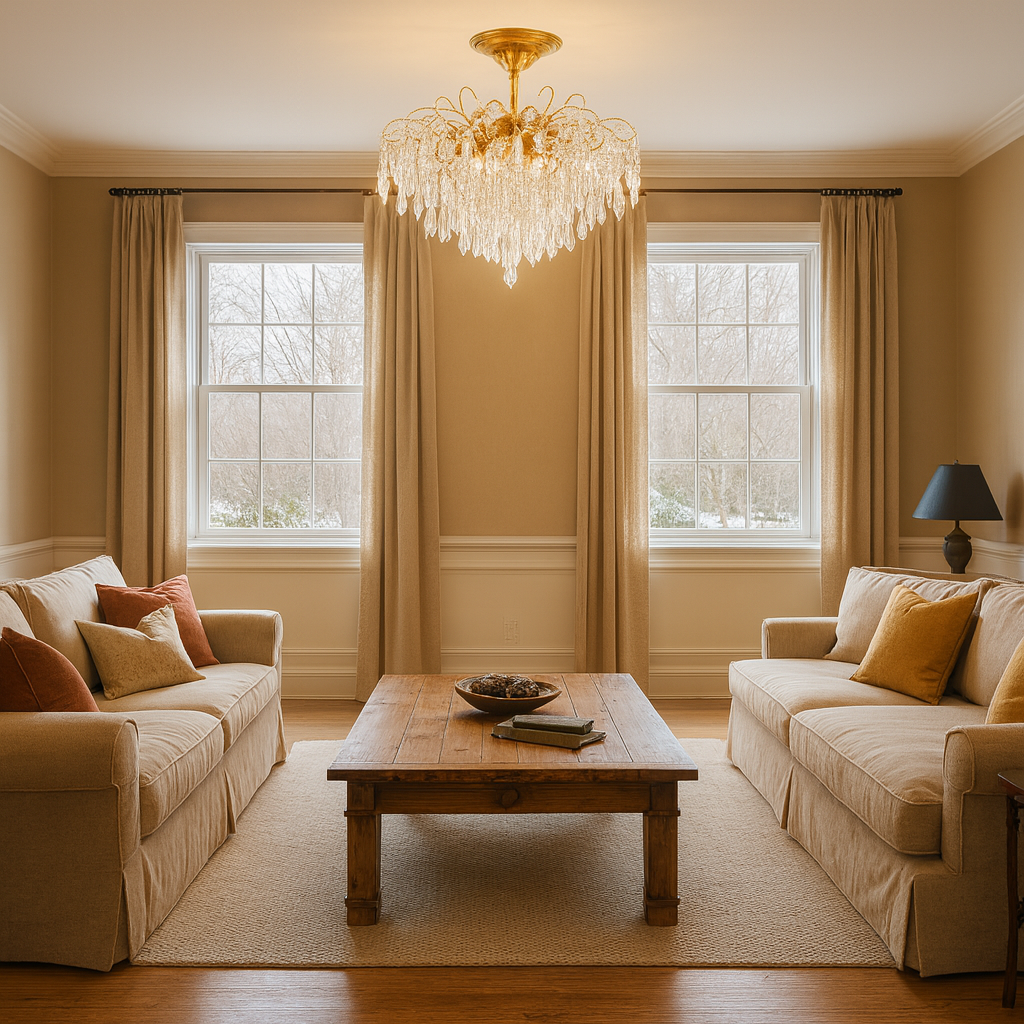 Candelabru rotund auriu cu cristale K9, 5 becuri E27, iluminare calda eleganta pentru living modern spațios