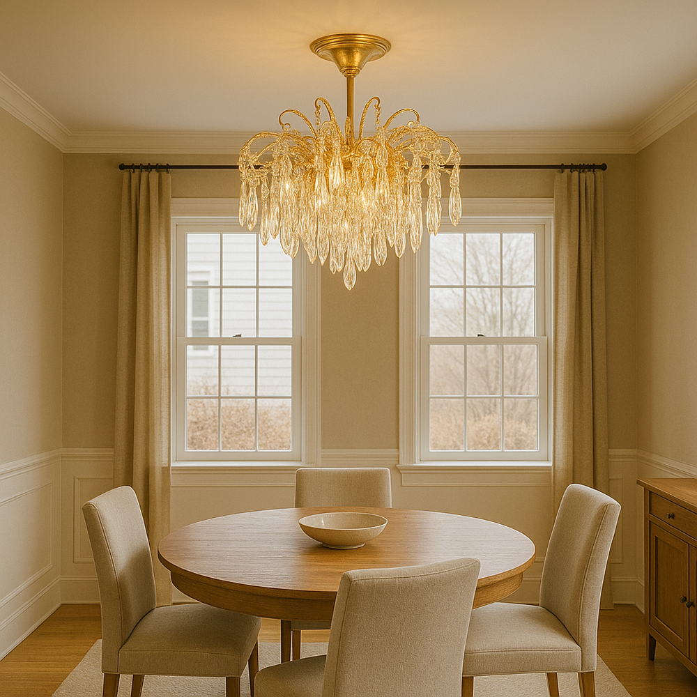 Candelabru rotund auriu cu cristale K9, 5 becuri E27, iluminare glamour deasupra mesei din dining