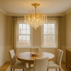 Candelabru rotund auriu cu cristale K9, 5 becuri E27, iluminare glamour deasupra mesei din dining