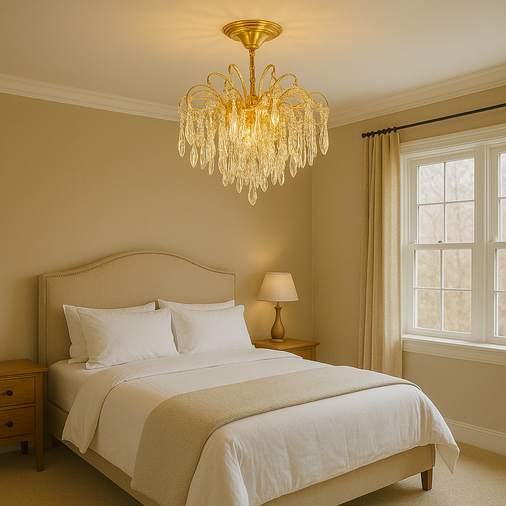 Candelabru rotund auriu cu cristale K9, 5 becuri E27, lumina ambientala rafinata pentru dormitor matrimonial