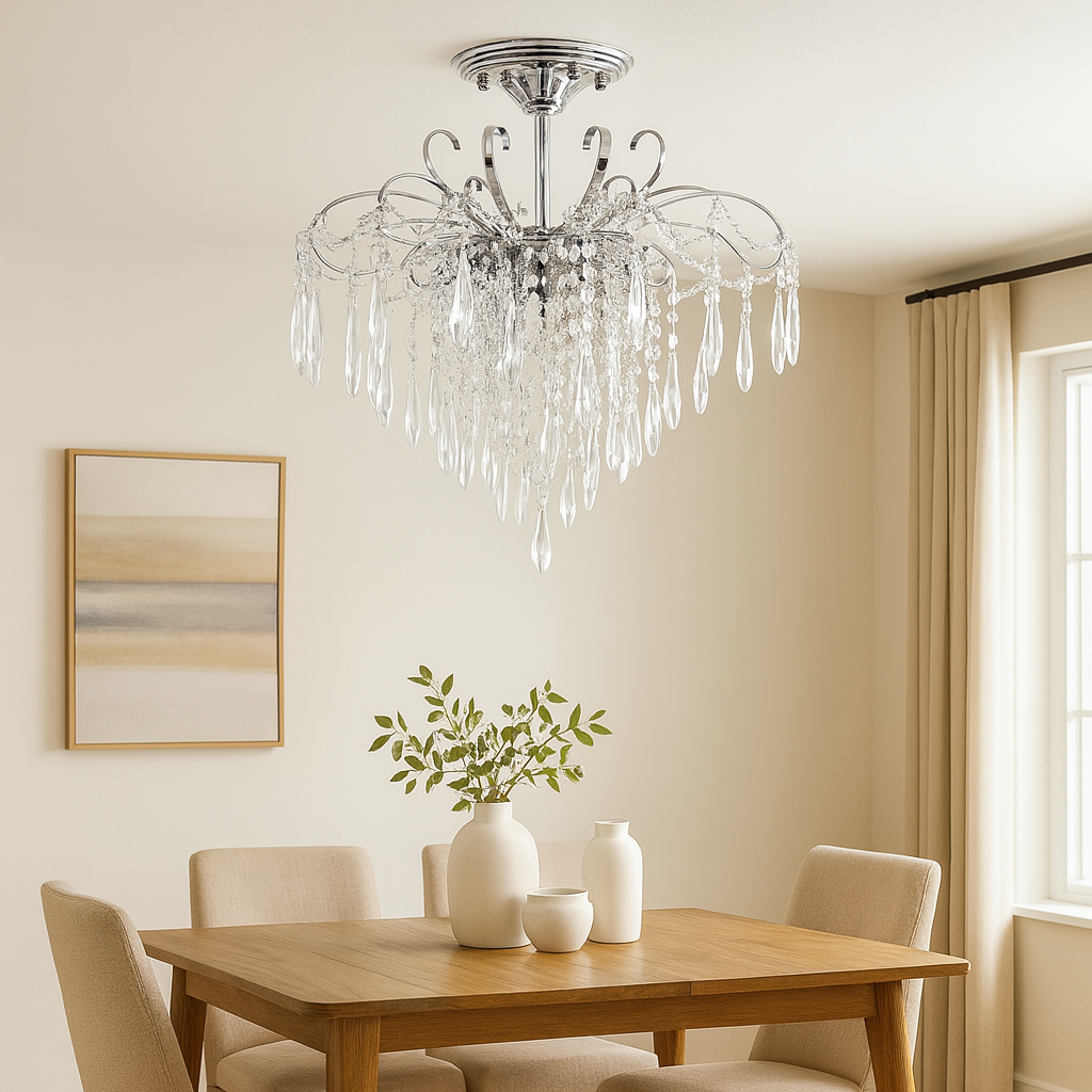 Candelabru rotund argintiu cu 9 becuri E27 si elemente transparente, iluminare spectaculoasa peste masa dreptunghiulara